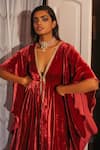 Shehlaa Khan_Maroon Velvet V Neck Kaftan And Pant Set _Online_at_Aza_Fashions