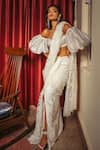 Shop_Shehlaa Khan_White Lace Embroidery Sweetheart Neck Pre-draped Slit Saree With Blouse _at_Aza_Fashions