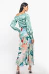 Shop_Mandira Wirk_Green Satin Printed Tropical Motifs One Shoulder Off Top And Wrap Skirt Set _at_Aza_Fashions