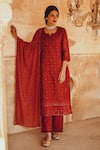 Buy_KARAJ JAIPUR_Maroon Kurta Chanderi Floral Notched Chikankari Set _at_Aza_Fashions