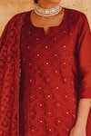 KARAJ JAIPUR_Maroon Kurta Chanderi Floral Notched Chikankari Set _at_Aza_Fashions