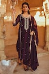 Buy_KARAJ JAIPUR_Purple Kurta And Dupatta Chanderi Marodi Embroidered Floral Round Set _at_Aza_Fashions