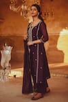 Shop_KARAJ JAIPUR_Purple Kurta And Dupatta Chanderi Marodi Embroidered Floral Round Set _Online_at_Aza_Fashions