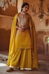 Buy_KARAJ JAIPUR_Yellow Kurta And Dupatta Chanderi Embroidered Floral Round Set _Online_at_Aza_Fashions