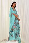 AK-OK_Blue Silk V-neck Floral And Ostrich Print Kaftan _Online_at_Aza_Fashions
