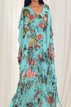 Buy_AK-OK_Blue Silk V-neck Floral And Ostrich Print Kaftan _Online_at_Aza_Fashions