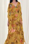 Buy_AK-OK_Yellow Silk Embroidery V-neck Vintage Floral Print Kaftan_Online_at_Aza_Fashions