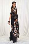 AK-OK_Black Silk Embroidery Round Neck Top And Trouser Set With Flower Print Kaftan _Online_at_Aza_Fashions