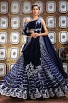 Shop_Archana Kochhar_Blue Net, Velvet Zardozi One Shoulder Embroidered Draped Lehenga Set _at_Aza_Fashions