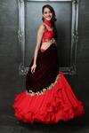 Shop_Archana Kochhar_Red Velvet, Flat-chiffon And Raw Silk Floral Pre-draped Ruffle Saree With Blouse _at_Aza_Fashions