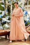 Nikita Vishakha_Peach Skirt Georgette Bralette Raw Silk Cape Organza Set With Puff Sleeve _Online_at_Aza_Fashions