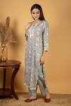 Buy_Priya Chaudhary_Grey Cotton Embroidery Notched Printed Kurta And Pant Set_at_Aza_Fashions