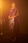 Shop_Tasuvure Indes_Purple Pleated Plain Boat Neck Saia Metallic Saree With Cape  _at_Aza_Fashions