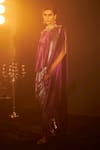 Buy_Tasuvure Indes_Purple Pleated Plain Boat Neck Saia Metallic Saree With Cape  _Online_at_Aza_Fashions