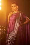 Shop_Tasuvure Indes_Purple Pleated Plain Boat Neck Saia Metallic Saree With Cape  _Online_at_Aza_Fashions