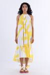 Studio Moda India_White Cotton Monstera Halter Neck Print Dress_Online_at_Aza_Fashions