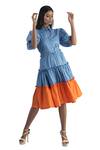 Buy_Studio Moda India_Blue Cotton Embroidery Spread Collar Colorblock Tiered Dress  _at_Aza_Fashions