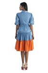 Shop_Studio Moda India_Blue Cotton Embroidery Spread Collar Colorblock Tiered Dress  _at_Aza_Fashions