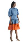 Studio Moda India_Blue Cotton Embroidery Spread Collar Colorblock Tiered Dress  _Online_at_Aza_Fashions