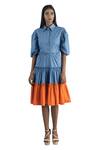 Buy_Studio Moda India_Blue Cotton Embroidery Spread Collar Colorblock Tiered Dress  _Online_at_Aza_Fashions