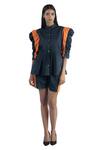 Buy_Studio Moda India_Blue Cotton Mandarin Collar Pleated Peplum Shirt _Online_at_Aza_Fashions