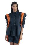 Shop_Studio Moda India_Blue Cotton Mandarin Collar Pleated Peplum Shirt _Online_at_Aza_Fashions