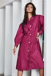 Buy_Studio Moda India_Maroon Cotton Spread Collar Sitai Shirt Dress  _at_Aza_Fashions