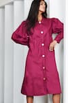 Buy_Studio Moda India_Maroon Cotton Spread Collar Sitai Shirt Dress  _Online_at_Aza_Fashions