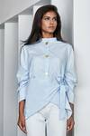 Studio Moda India_Blue Cotton Stand Collar Nara Tie Up Shirt _Online_at_Aza_Fashions