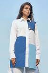 Shop Studio Moda India White Cotton Spread Collar Colorblock Asymmetric Shirt at Aza Fashions Shop_Studio Moda India_White Cotton Spread Collar Colorblock Asymmetric Shirt _at_Aza_Fashions