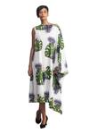 Buy_Studio Moda India_White Cotton Leaf , Bird Asymmetric Off Shoulder Kaftan Dress_at_Aza_Fashions