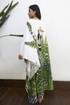 Studio Moda India_White Cotton Leaf , Bird Asymmetric Off Shoulder Kaftan Dress_Online_at_Aza_Fashions