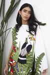 Buy_Studio Moda India_White Cotton Leaf , Bird Asymmetric Off Shoulder Kaftan Dress_Online_at_Aza_Fashions