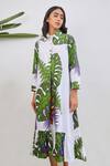 Studio Moda India_White Cotton Printed Leaf Collar Ruffle Hem Tent Dress  _Online_at_Aza_Fashions