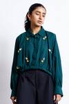 Buy_Studio Moda India_Green Cotton Embroidered 3d Applique Collared Bat Sleeve Floral Shirt _at_Aza_Fashions