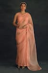 Buy_Shikha Mehta_Peach Silk Chanderi Organza Embroidered Saree_at_Aza_Fashions