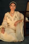 Shikha Mehta Beige Chanderi, Silk Organza V Neck Embroidered Kurta Set at Aza Fashions Shikha Mehta_Beige Chanderi, Silk Organza V Neck Embroidered Kurta Set _at_Aza_Fashions