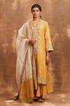 Sue Mue_Yellow Organza, Mul V Neck Embroidered Kurta Set  _Online_at_Aza_Fashions