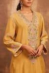 Buy_Sue Mue_Yellow Organza, Mul V Neck Embroidered Kurta Set  _Online_at_Aza_Fashions