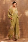 Buy_Sue Mue_Green Georgette V Neck Embroidered Jumpsuit _at_Aza_Fashions