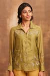 Buy_Sue Mue_Green Mul Shirt Collar Embroidered _at_Aza_Fashions