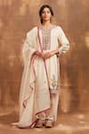 Buy_Sue Mue_White Mul, Slub Cotton Notched Embroidered Kurta Set  _at_Aza_Fashions