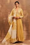 Buy_Sue Mue_Yellow Crepe, Lycra, Mul V Neck Embroidered Anarkali Set _at_Aza_Fashions