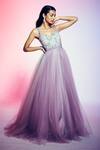 Buy_Q by Sonia Baderia_Purple Mesh Side-cut Embroidered Gown_at_Aza_Fashions