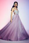 Shop_Q by Sonia Baderia_Purple Mesh Side-cut Embroidered Gown_at_Aza_Fashions