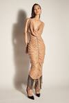 Buy_Sameer Madan_Beige Faux Patent Fringe And Metal Chain Lining Cotton, Sequins Bodycon Dress _at_Aza_Fashions