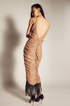 Shop_Sameer Madan_Beige Faux Patent Fringe And Metal Chain Lining Cotton, Sequins Bodycon Dress _at_Aza_Fashions