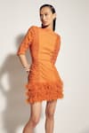 Shop_Sameer Madan_Orange Jersey, Stretch Net And Organza Round Ruched Bodycon Dress _at_Aza_Fashions