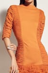 Sameer Madan_Orange Jersey, Stretch Net And Organza Round Ruched Bodycon Dress _Online_at_Aza_Fashions