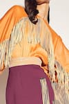 Sameer Madan Orange Cotton Satin, Jersey, Faux Leather Fringe Round Embellished Bodysuit Online at Aza Fashions Sameer Madan_Orange Cotton Satin, Jersey, Faux Leather Fringe Round Embellished Bodysuit _Online_at_Aza_Fashions